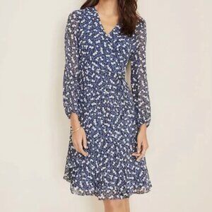 Ann Taylor Faux Wrap Pleated Blue Floral Long Sleeve Dress